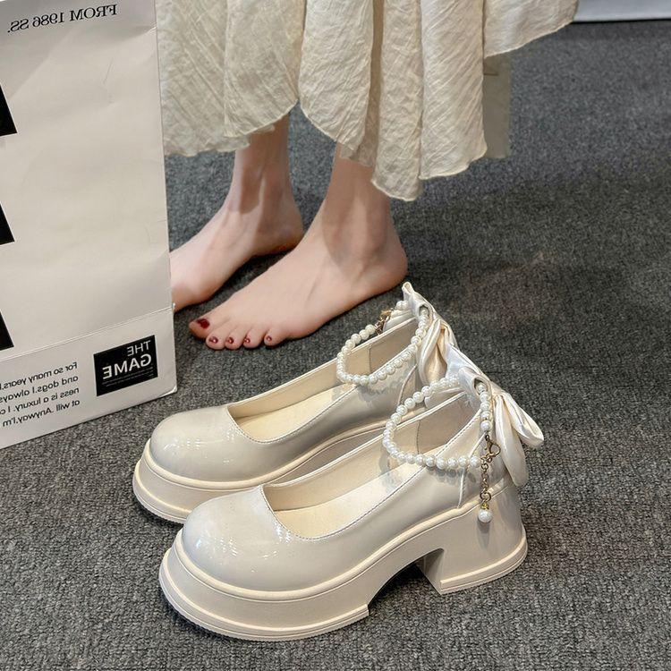 

Женские туфли-лодочки 2025 весна и осень новые с бантом французские туфли на высоком толстом каблуке Мэри Джейн платформа маленькие кожаные туфли 35