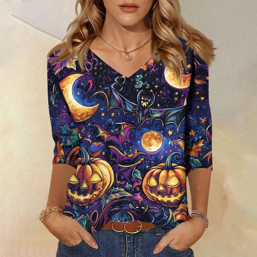 Women’s Casual Halloween Print V Neck Three Quarter Sleeve Top Loose Fit Pullover Blouse for Autumn Daily Wear