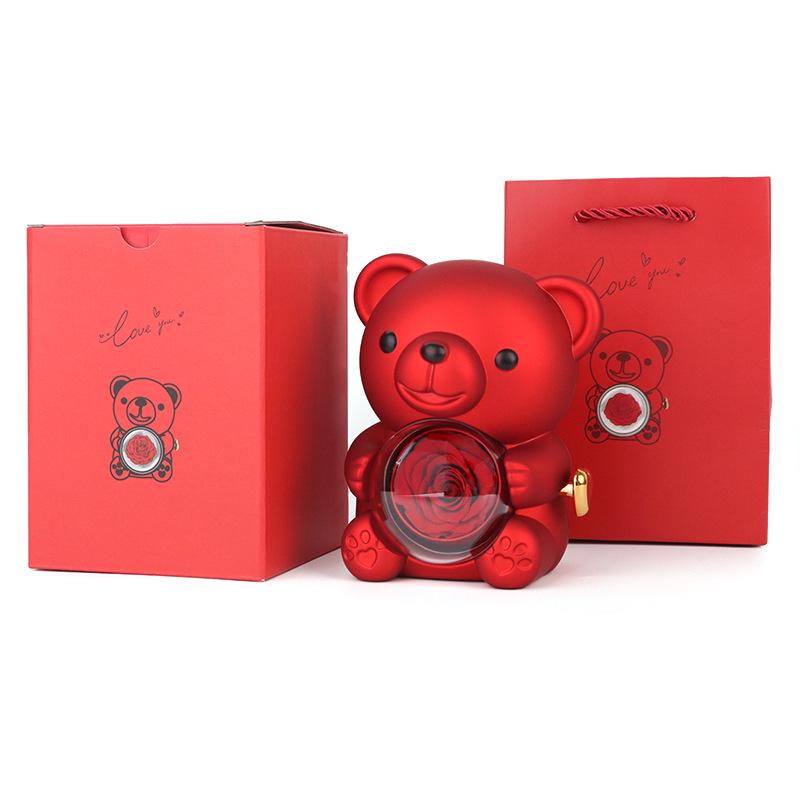Rotating Acrylic Jewelry Box with Teddy Bear & Eternal Rose for Valentine's Day