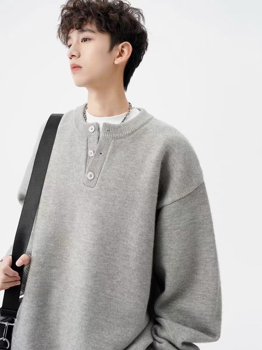 2025 Men s American Retro V-neck Cardigan - Autumn/Winter Solid Knitwear, Casual Lazy Style M светло-серый