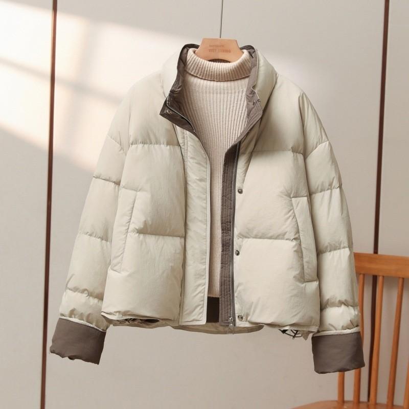 Winter Women's Contrast Color Stand Collar Short Cotton Coat Loose Thickened Coat