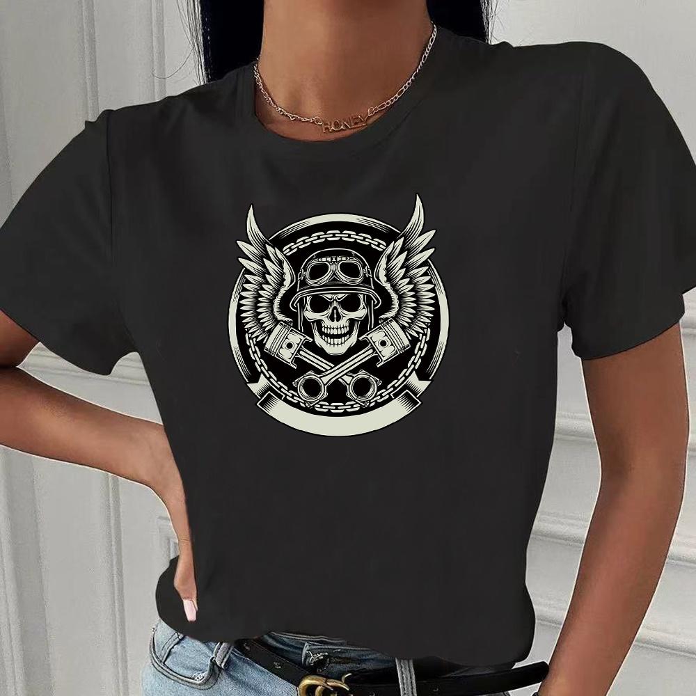 2023 Fashion Trend New T-shirt Skull Printed Female O-neck T Shirt Casual Harajuku Crew Neck  Ladies Tshirt Hip Hop Streetwear