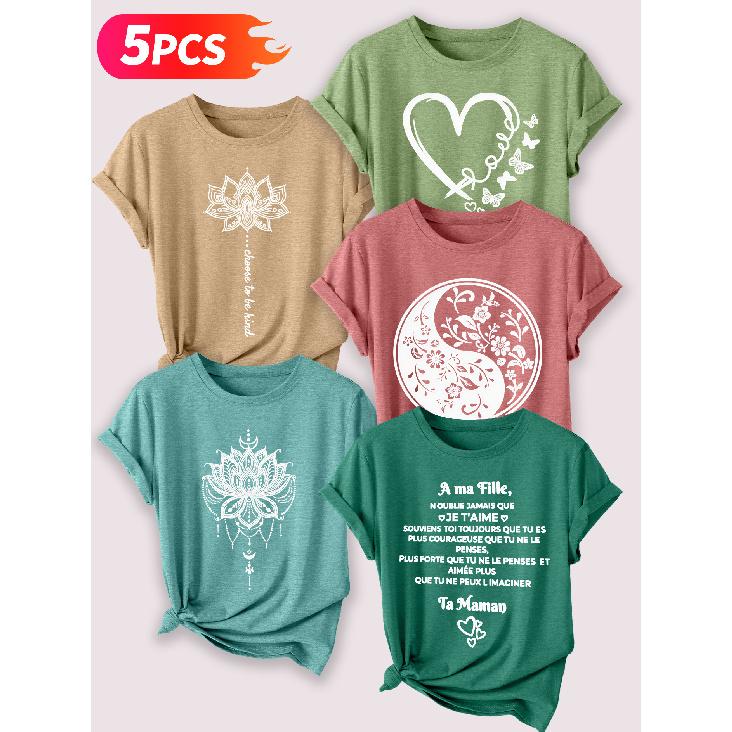 Lele Orientation Five-piece set for beautiful women T Shirt Mandala Lotus Yin-Yang Floral Heart Butterfly French Message Vintage Print Summer Casual