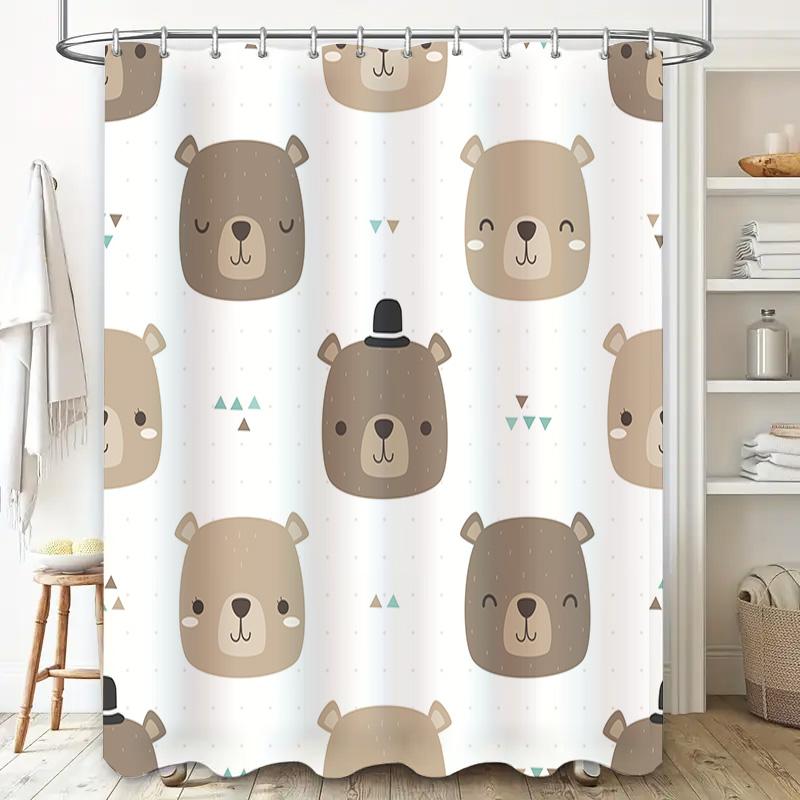 Modern Family Bathroom Decor Shower Curtain Set with Cute Bears Cartoon Pattern White Background Bath Mat for Kids Room Home Dec