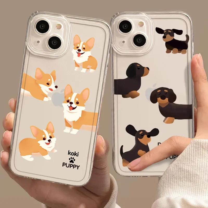 Cartoon Dachshund Corgi Dog Clear Phone Case For iPhone 15 14 13 11 12 16 Pro XS Max 13Mini XR X SE Plus Transparent Cover Funda