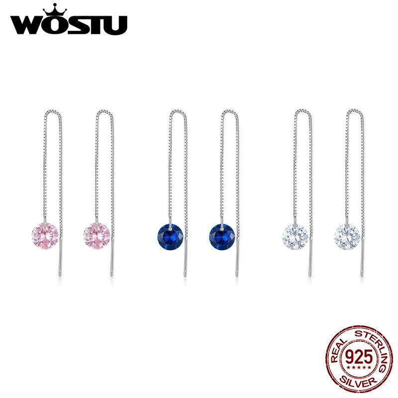 WOSTU 925 Sterling Silver Pink Blue Clear CZ Long Tassel Link Earrings Drop Dangle Ear Stud Earring for Women Wedding Party Gift