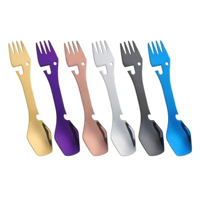 4-in-1 Edelstahl-Spork Löffel Flaschenöffner Gabel Campingbesteck Multifunktionale Outdoor-Gabel Löffel Tafelgeschirr
