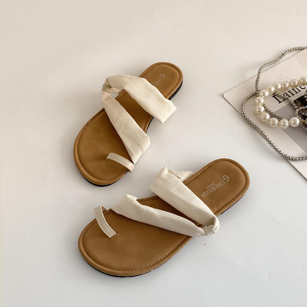 Retro set of toe flat bottom non-slip one-word slippers for women's summer wear 2025 new models with skirts versatile French cool slippers