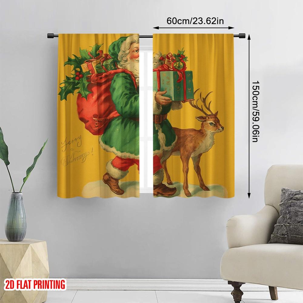 2pcs,2D Plane Printing Curtains Digital Printed Vintage Santa & Reindeer (2) Durable 100% Polyester Fabric (without Rod)