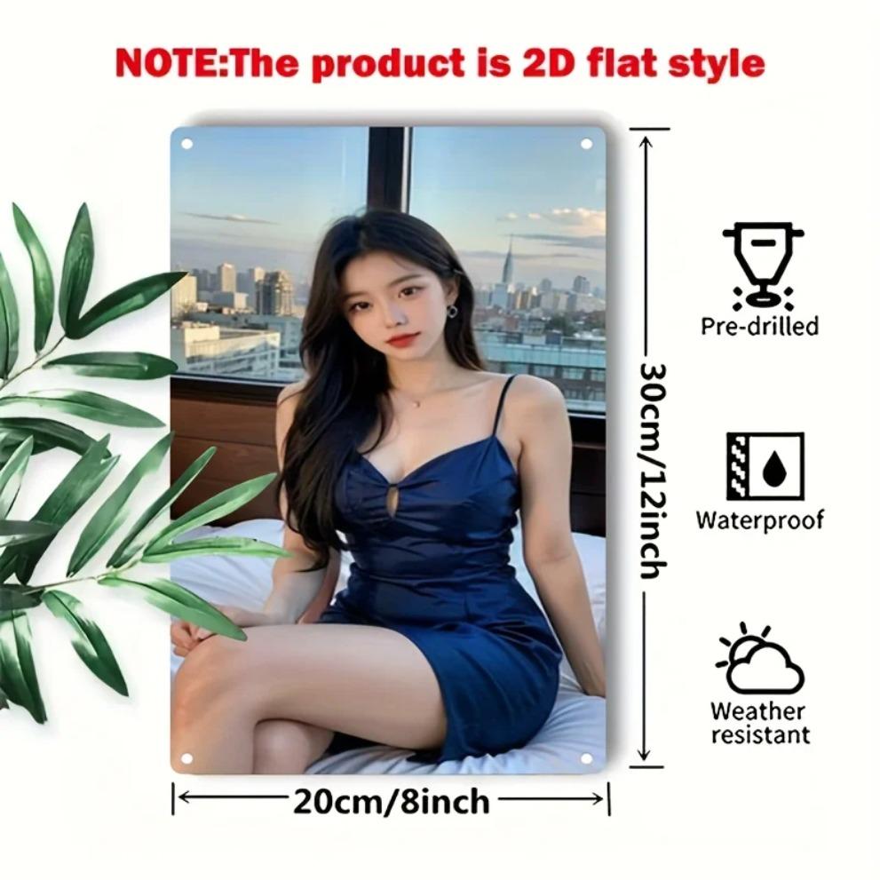 Hisun Tin Sign HD Metal Tin Sign Beautiful Asian Girl In Blue Slip Dress Retro Wall Decor D Flat Iron Painting Plaque for Home Bar Club Pub