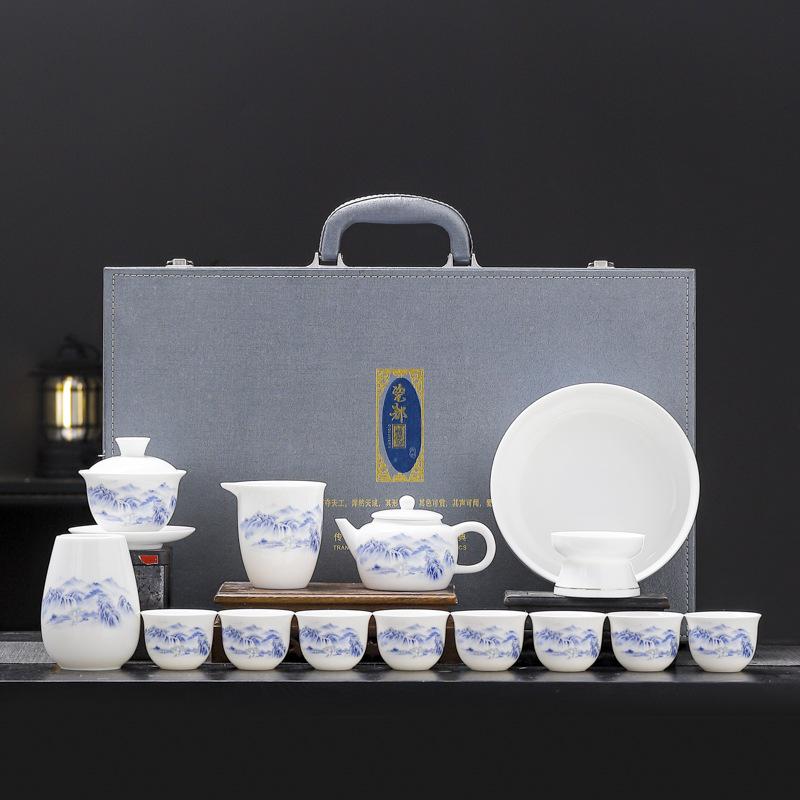 Ceramic white suet jade porcelain kung fu tea set, high-end business gifts for customers and friends