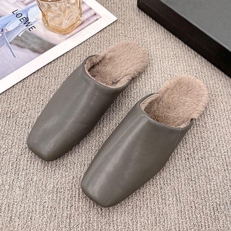 Autumn Winter Women Fuzzy Mule Slippers Plush Lined Retro Slip On Flat Fur Slides Cozy House Shoes Indoor Outdoor Comfortble
