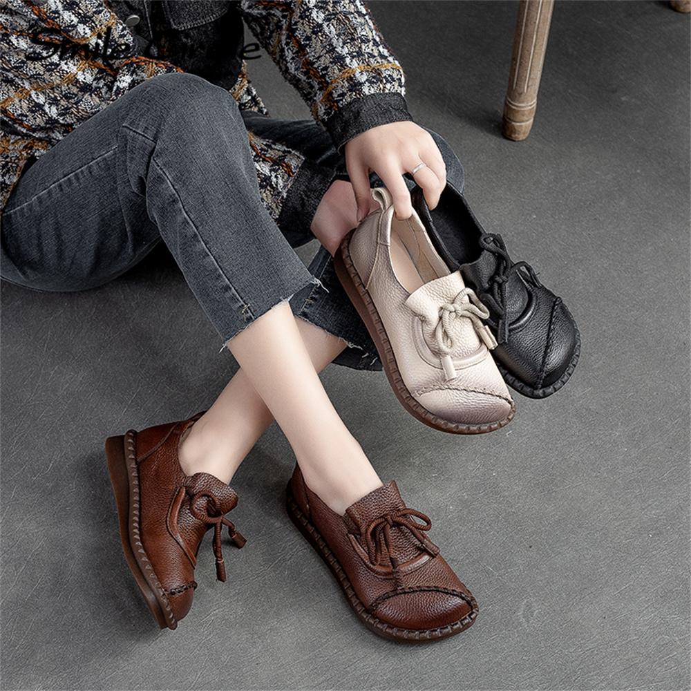 Chaussures plates en cuir naturel pour femmes, chaussures basses décontractées à lacets, chaussures de travail rétro à la mode pour femmes