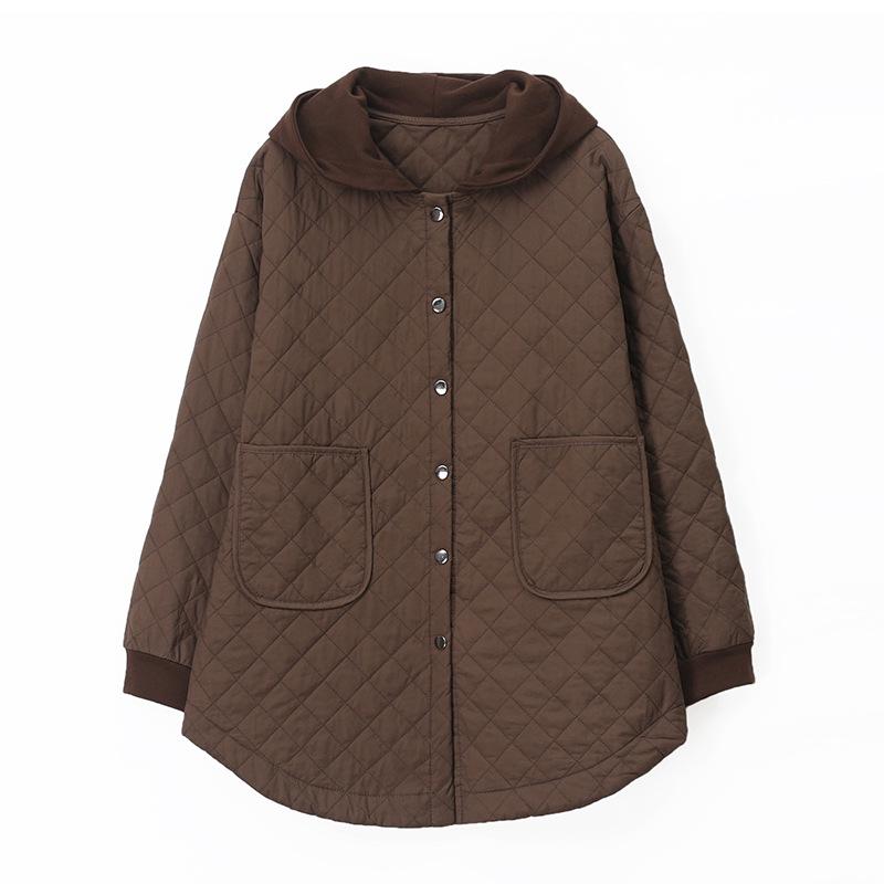 Women's 2024 Autumn/Winter Hooded Cotton Jacket – Loose, Quilted Diamond Pattern, Casual Fashion for Middle-Aged Moms