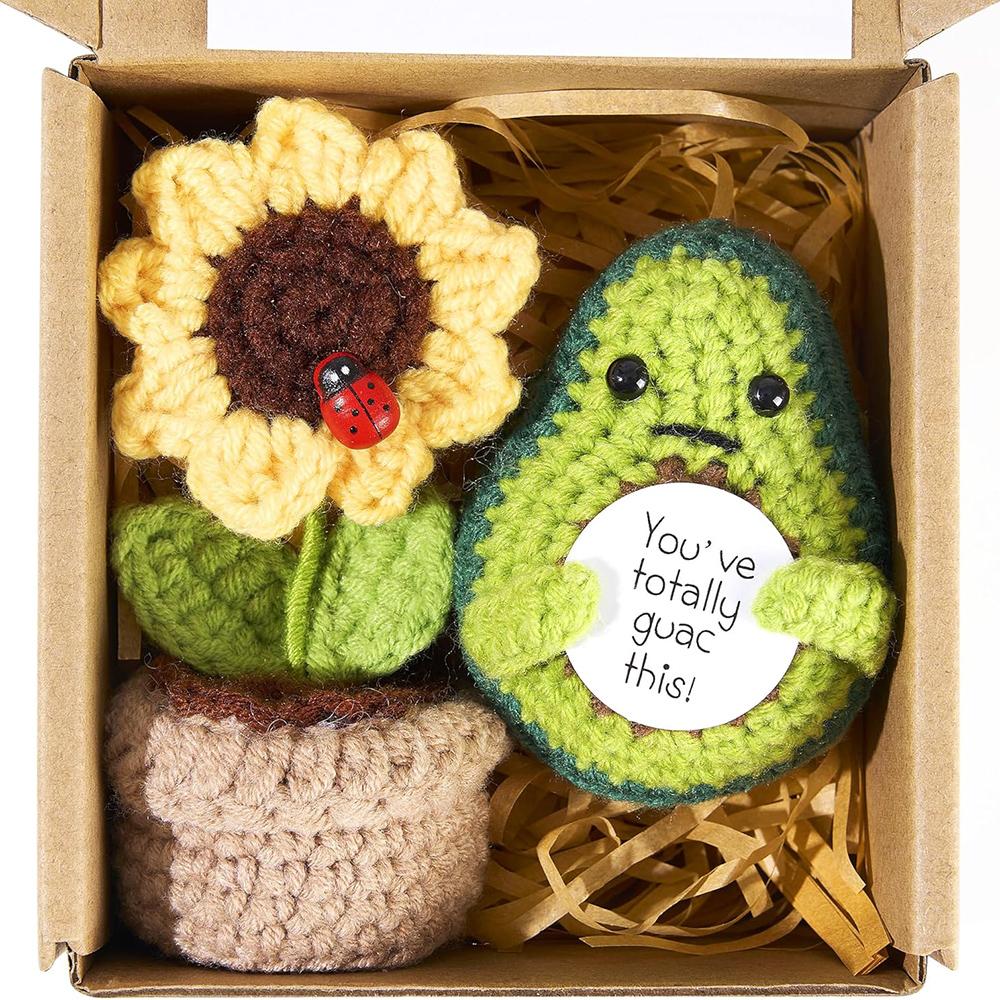 Handmade Knitted Emotional Support Avocado Doll With Card and Sunflower Pot Home Room Decoration Crochet Avocado Christmas Gifts