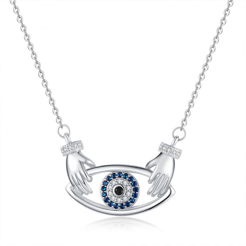 Elegant Devil's Eye Pendant Necklace for Women - European & American Fashion, Double Hand Hug Design, High-End Clavicle Chain