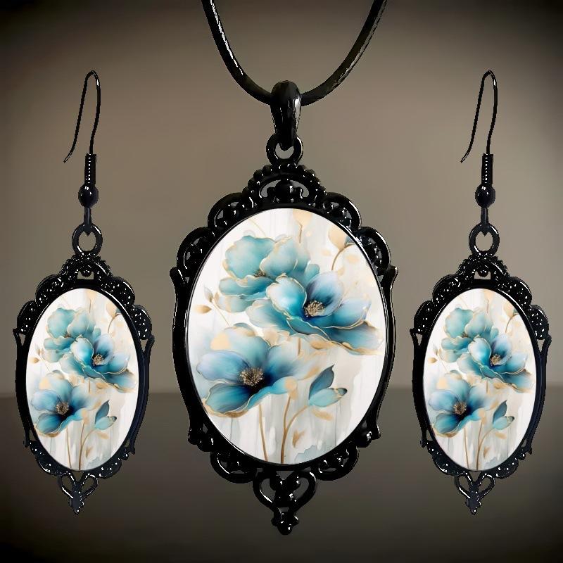 Flower Pattern Black Frame Glass Pendant Earrings, Necklace Set