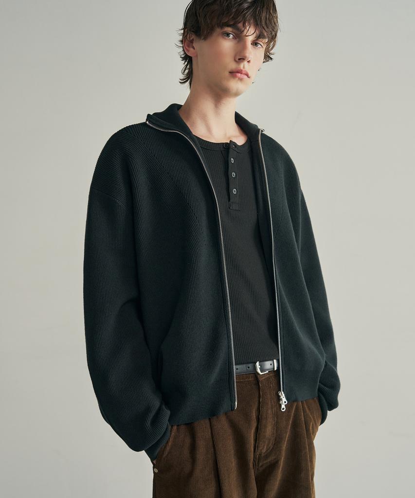 ROTEMBER Cotton Ribbed High-Neck Crop Zip-Up Knit [2 Colors]