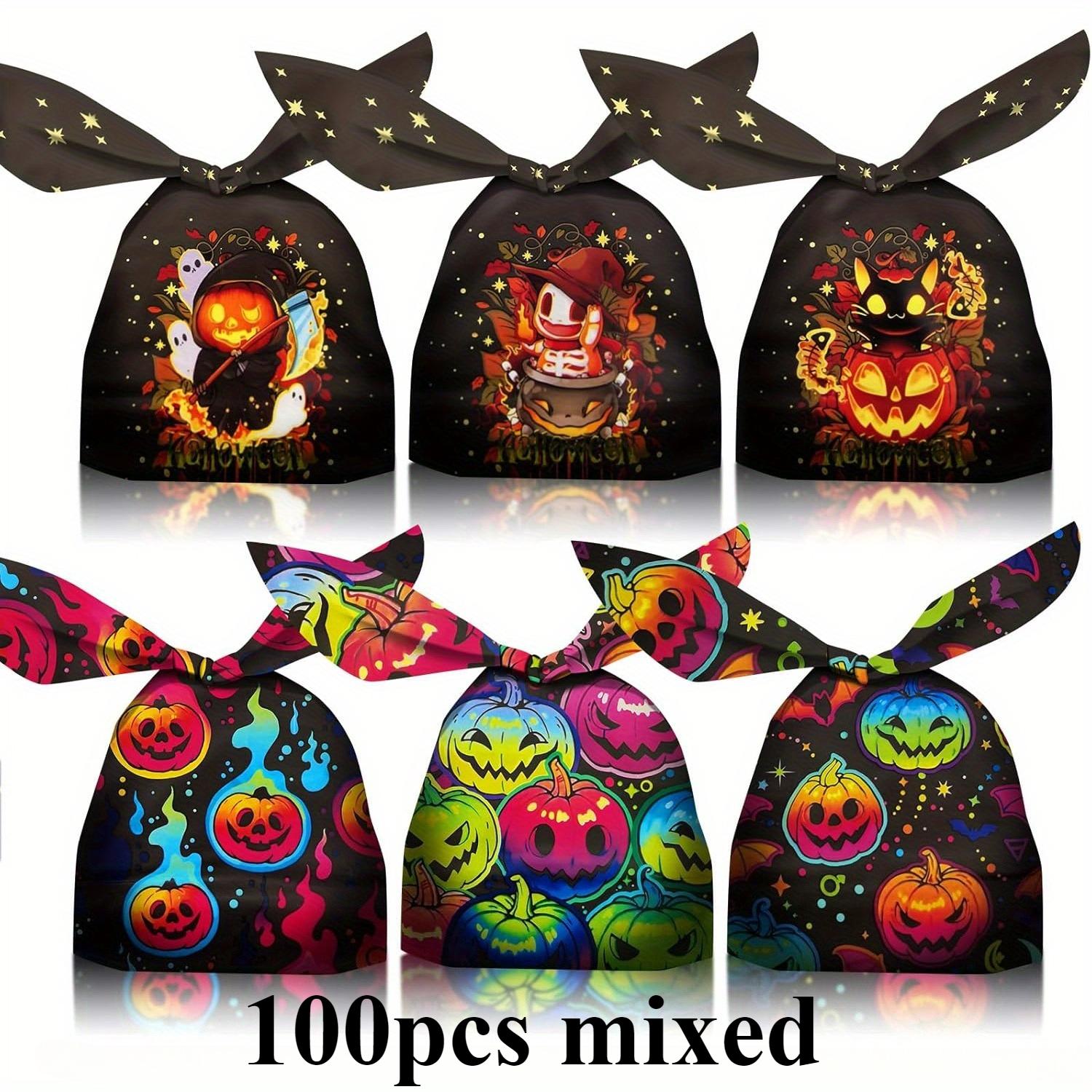 

100 шт. пластиковых пакетов для хранения на тему Хэллоуина с черным бантом - Дизайн с тыквой, кошкой и шляпой ведьмы, идеально подходит для угощения или гадости 22x13.5cm