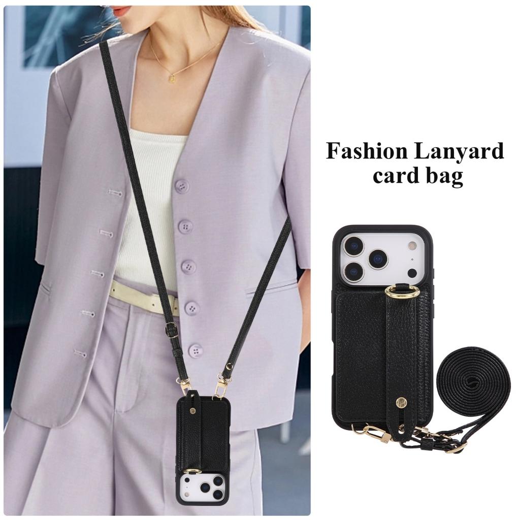 For iphone 17 16 15 14 13 12 11 Pro Max Air Case PU Leather Wallet Bag Grip Strap Holder Long Crossbody Lanyard Ring Clasp Cover