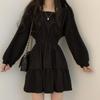 Women Long Sleeve Gothic Black Dresses Square Collar A-Line Sweet Vintage Design High Waist Mini Length Soft Korean Elegant