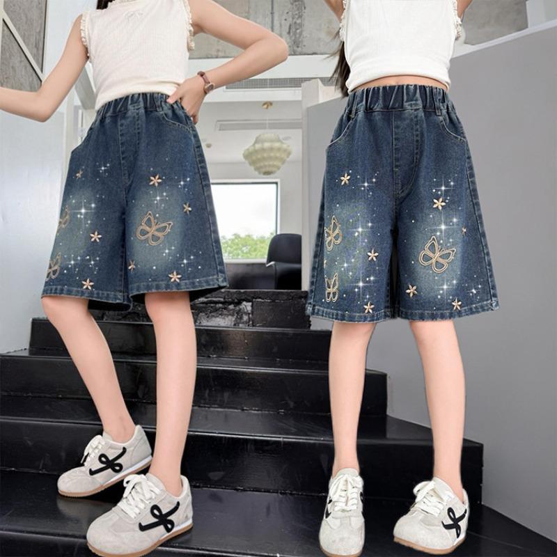 Summer Children Girls Denim Shorts Butterfly Junior Girls Loose Jeans Loose Elastic Waist Kids Teens Girls Shorts