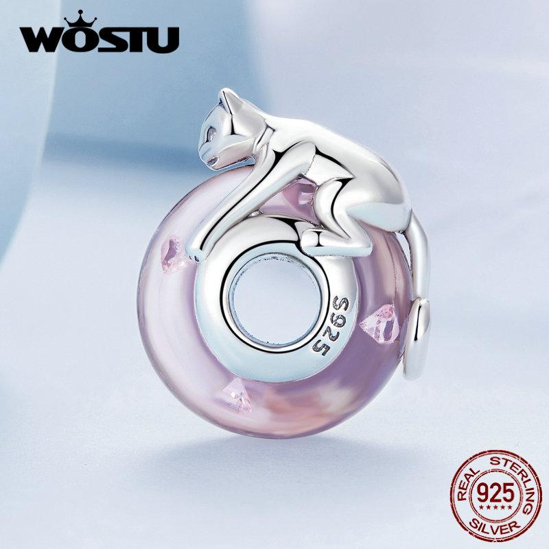 WOSTU 925 Sterling Silver Pink Murano Glass Beads Lovely Cat Pet Charms Fit Original Bracelet DIY Necklace Women Jewelry Making
