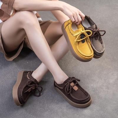 Retro Flats mit dicker Sohle aus echtem Leder im britischen Stil, vielseitig, mit runder Zehenpartie und Schnürung, Damenschuhe