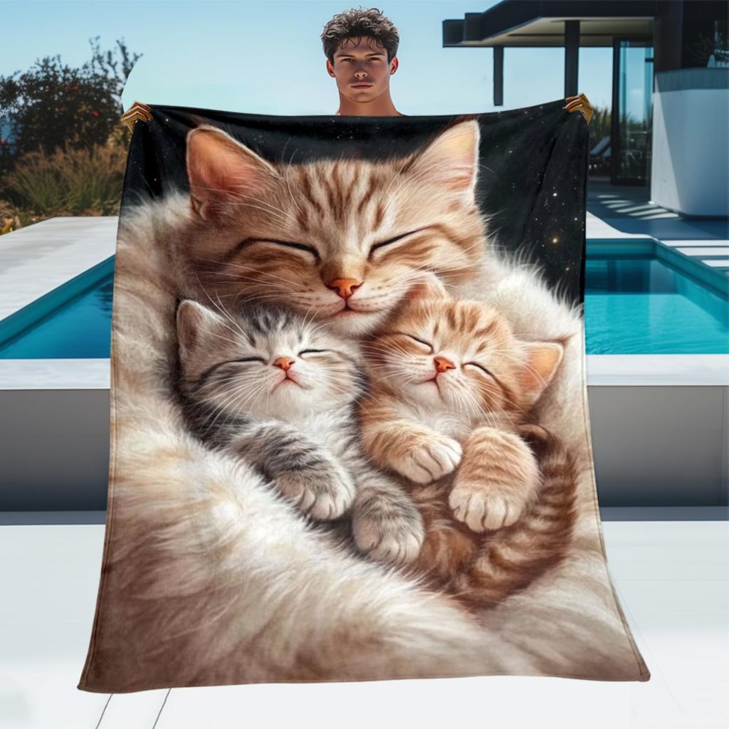 Mother Cat And Kittens Fleece Blanket Sleeping Cats Print Throw Soft Cozy All Season Bedding Home Decor Gift For Cat Lovers