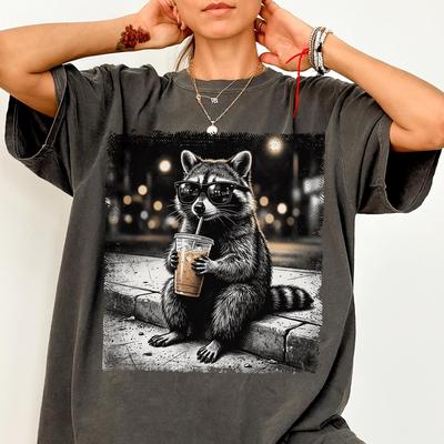 Iced Coffee Raccoon Shirt Comfort Colors® Funny Raccoon Tee Chill Trash Panda Meme Coffee Obsessed Cool Retro Urban Style Night City Street