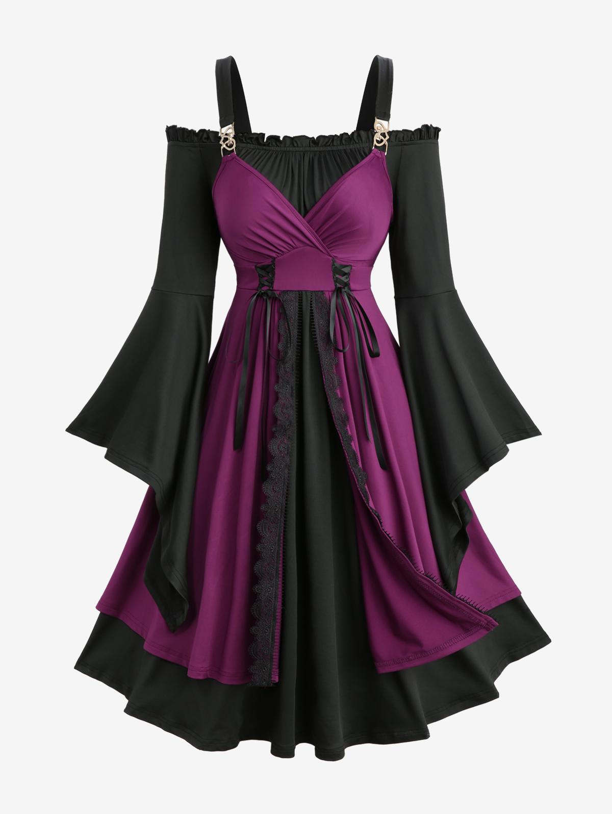 

Rosegal Платье большого размера с расклешенными рукавами, шнуровкой и кружевной отделкой, двухцветное, многослойное, винтажное, А-силуэта XL глубокий/фиолетовый