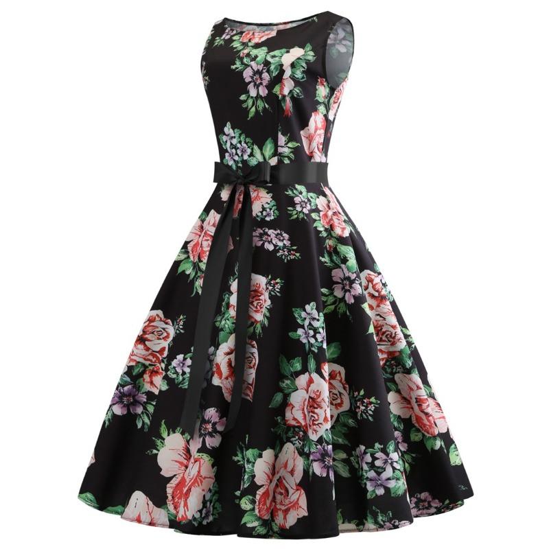 Summer New Retro Supply, One-word Neck Sleeveless Printed Pendulum Dress