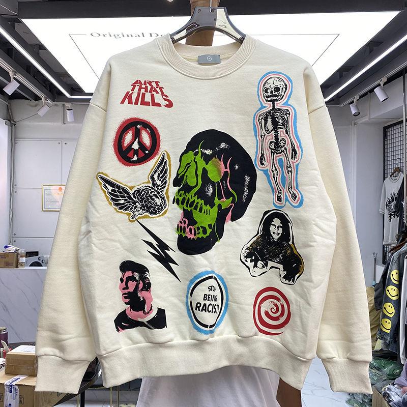 

Креативная Интересная Принт Черепа Модный Бренд Ретро Круглый Вырез Свободный Плюс Бархат Хип-хоп Толстовка Мужская M бежевый