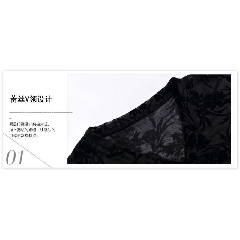 Damen Schwarzes Florales Spitzen V-Ausschnitt Slim Langarm Oberteil Durchsichtige Lässige Bluse