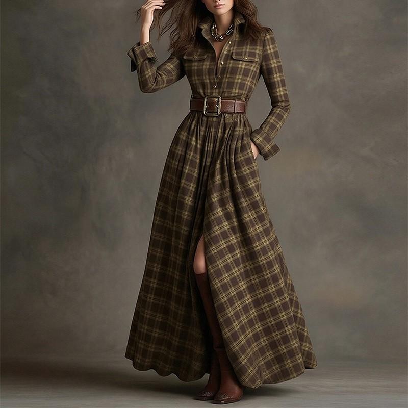 2026 Womens French Chic Midi To Maxi Dress High-Waisted A-Line With Asymmetrical Hem Striped Or Plaid Print Long Sleeve