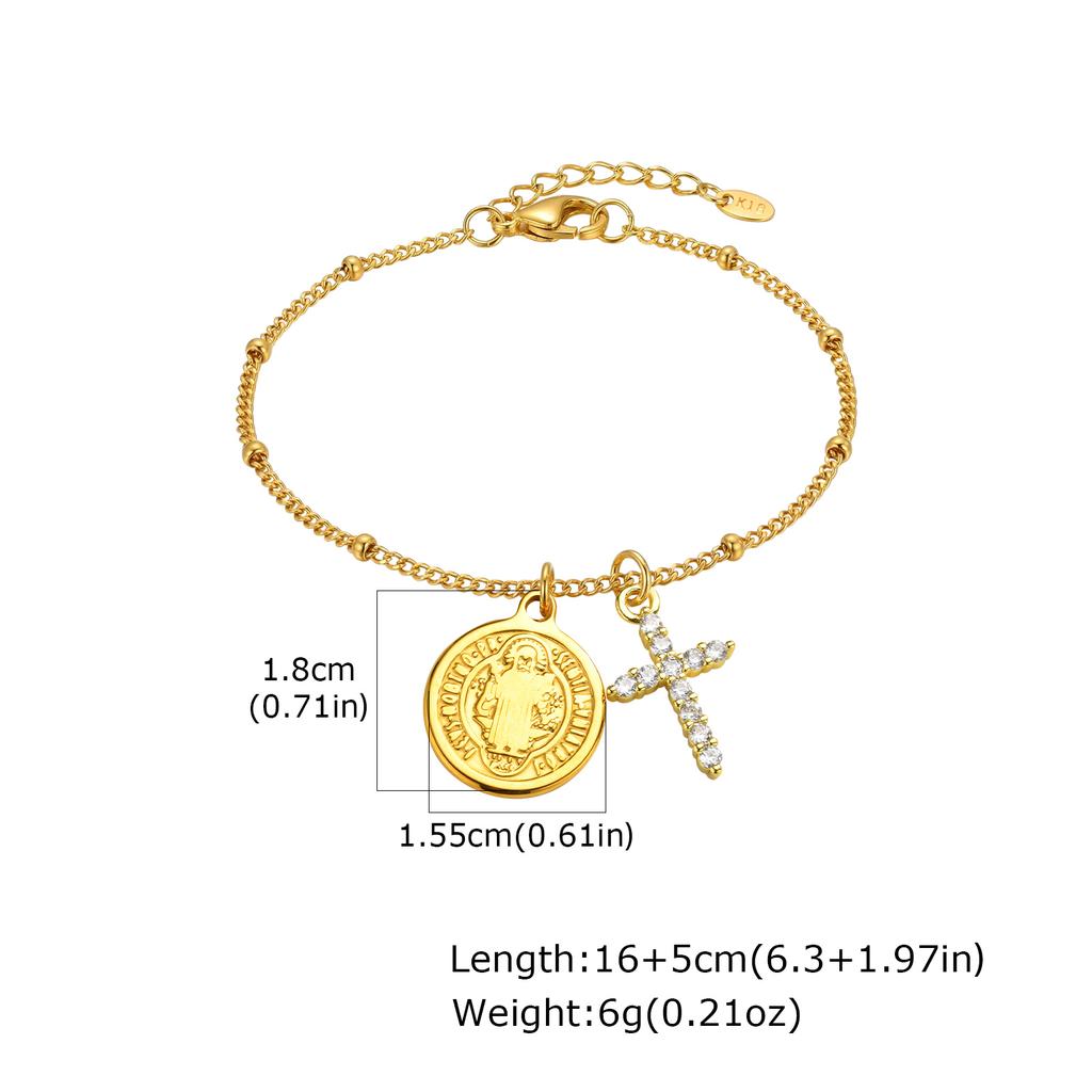 Bracciale in Acciaio Inossidabile con Medaglia della Madonna e di San Benedetto, Croce con Zirconi, Braccialetti Rosario da Donna, Gioielli Religiosi