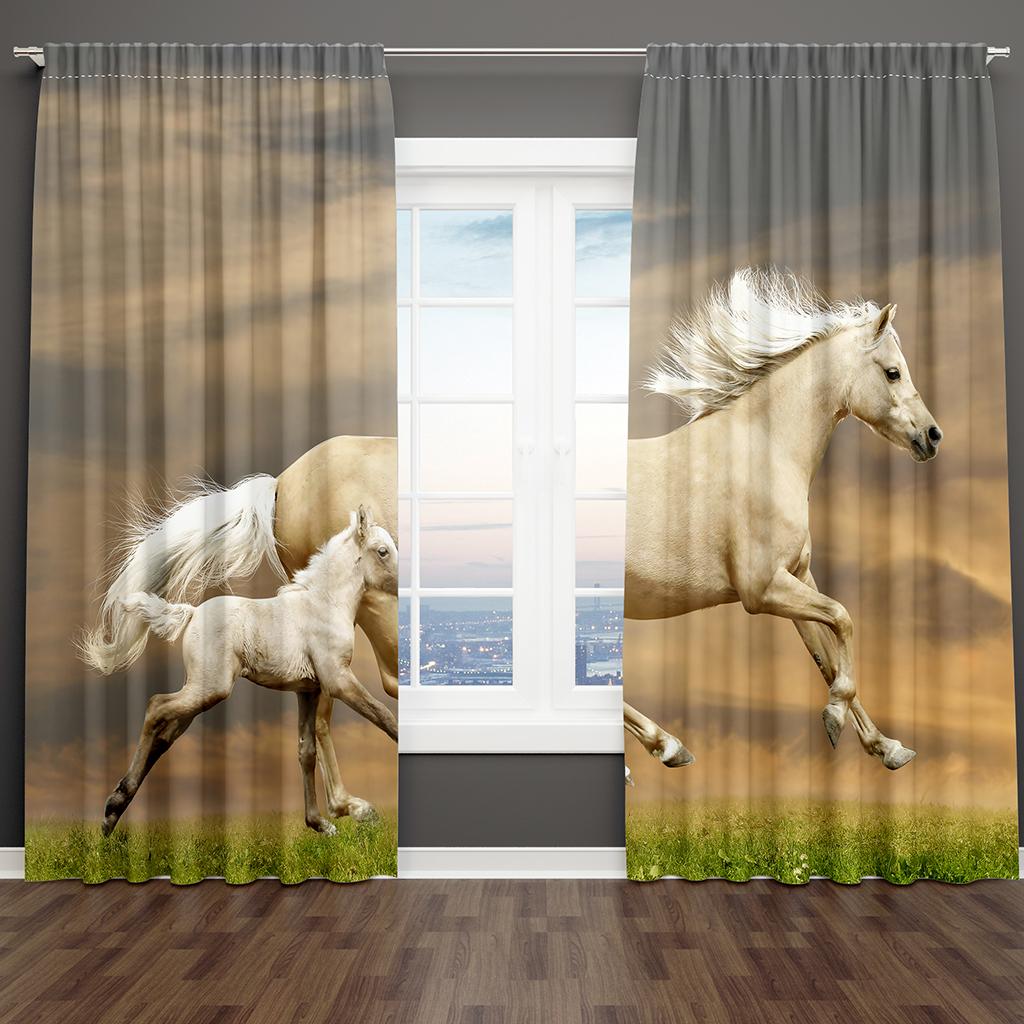 Mountain Landscape Horses White Black 2 Pieces Thin Shading Curtain Living Room Bedroom Home Decor Hook