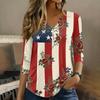 Women 3/4 Sleeve V Neck Henley Pullover Shirt American Flag Print Casual Loose Fit Top
