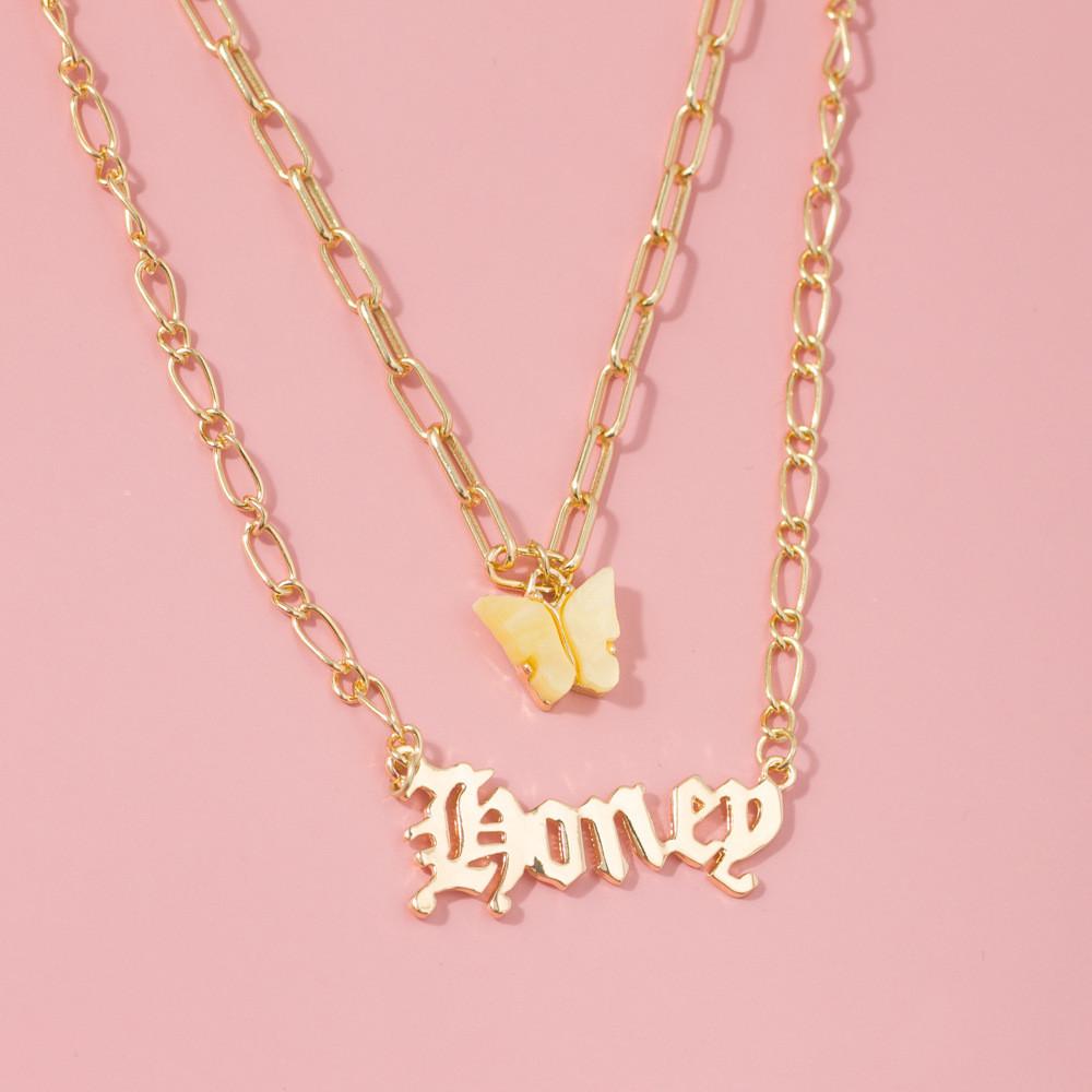 Chic Yellow Butterfly Honey Letter Necklace Elegant Layered Chain Accessory For Women