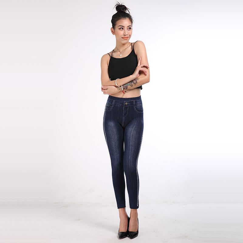 SCIONE Podzimní dámské legíny z imitace džínů, bavlněné módní boční puntíkované s vysokým pasem, devět kalhot