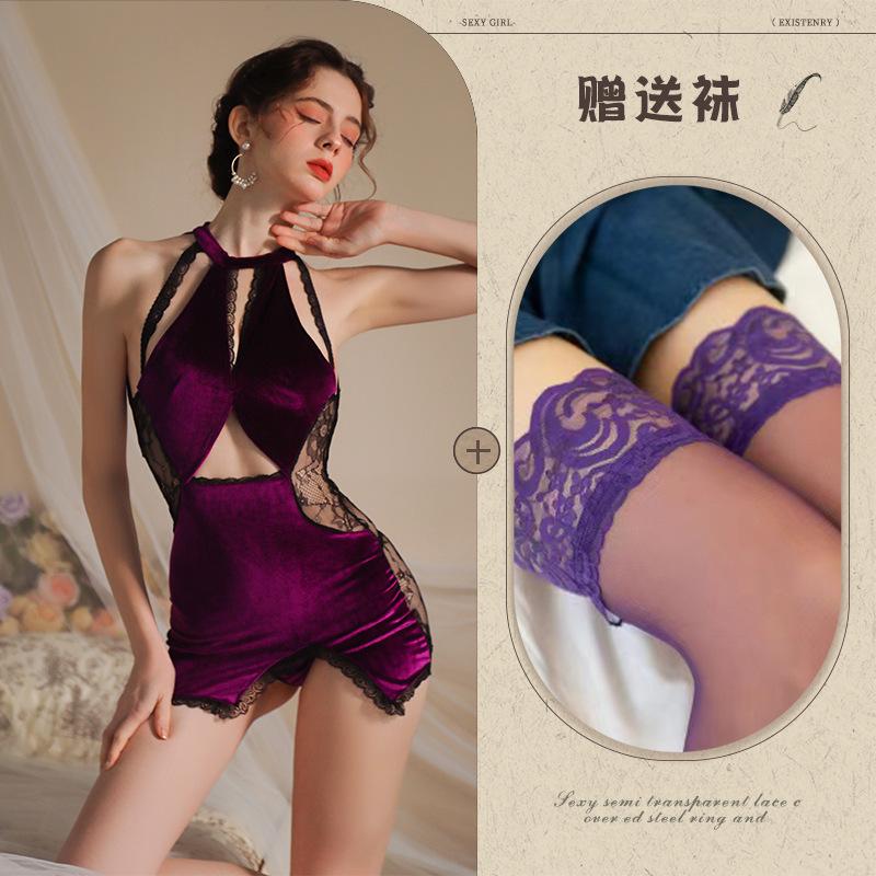 Sexy underwear pure lace splicing velvet temperament thin purple charm neck classical cheongsam
