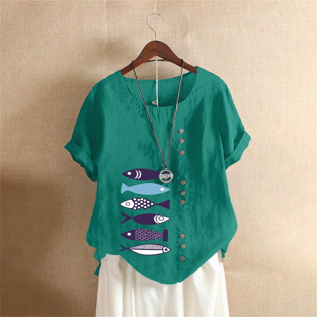 T-shirt Estiva Oversize in Cotone e Lino a Maniche Corte, Abbigliamento Donna Oversize Stampato in Cotone e Lino