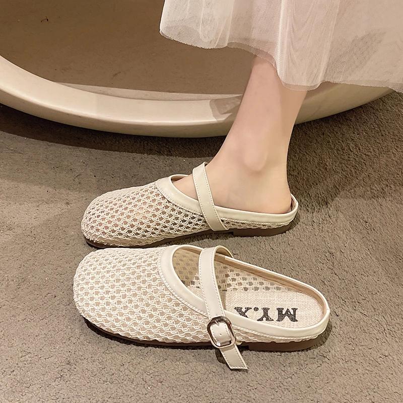 Women's Mules Flat Sole Cover Toe Mesh Upper Anti-Slip Sole Womens Slippers Dress Small Shoe Size Breathable Zapatillas De Mujer