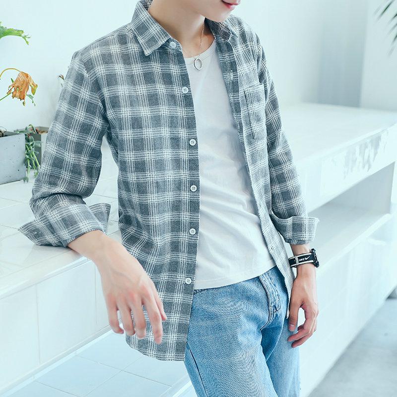 2023 New Men's Slim Fit Korean Plaid Long-Sleeved Shirts for Teenagers