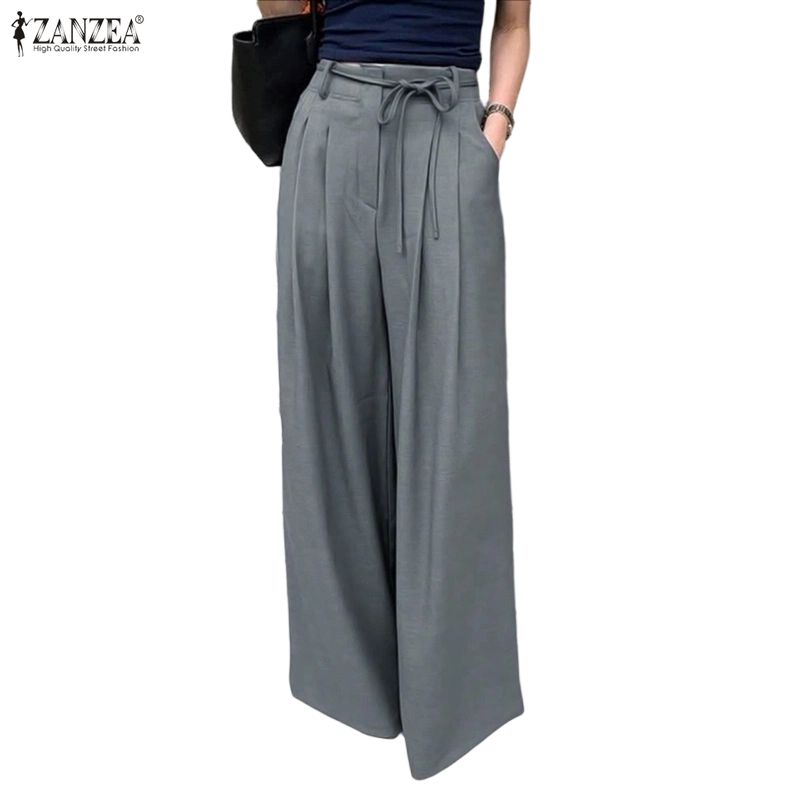 ZANZEA Womens Casual Solid Color Loose Commute Wide Leg Pants