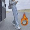 Women's Plush Wide-Leg Jeans: High-Waisted, Slimming, Loose Fit - Perfect for Autumn and Winter with a Warm Korean Style.