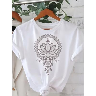 Women's Soft Breathable Mandala for Lotus Print T-Shirt -Casual Fit for Summer Spring - White with Intricate Black for Lotus Design