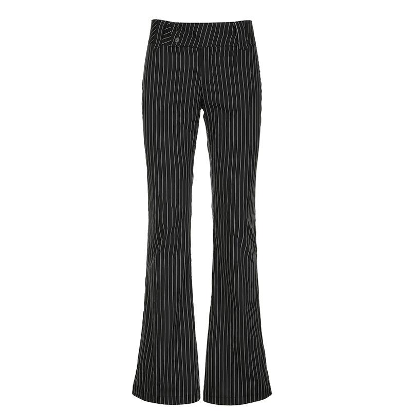 Vintage Pinstripe Contrast Color Flare Pants Women High Waist Slim Fit Y2K Streetwear Bell Bottom Trousers S чёрный