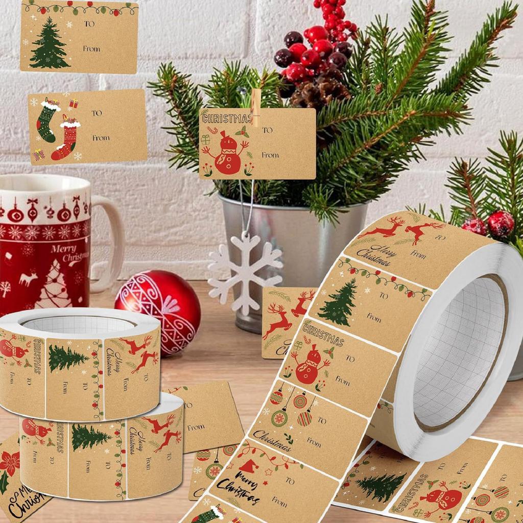 Christmas Theme Paper Gift Label Stickers Roll Self-adhesive Tags Write-on Holiday Stickers Wrapping Sealing Decals 210pcs/roll