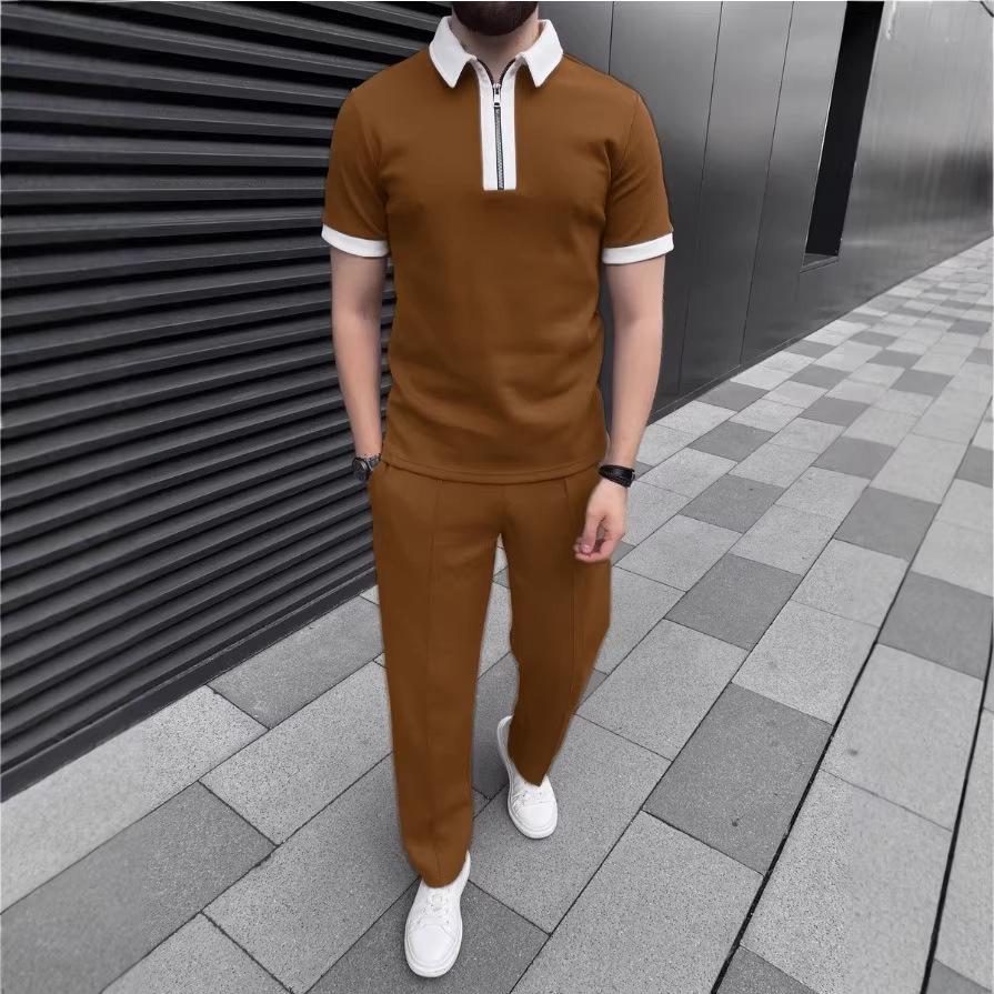 European & American Slim Fit Zipper Lapel Short Sleeve Printed Polo Shirt for Men